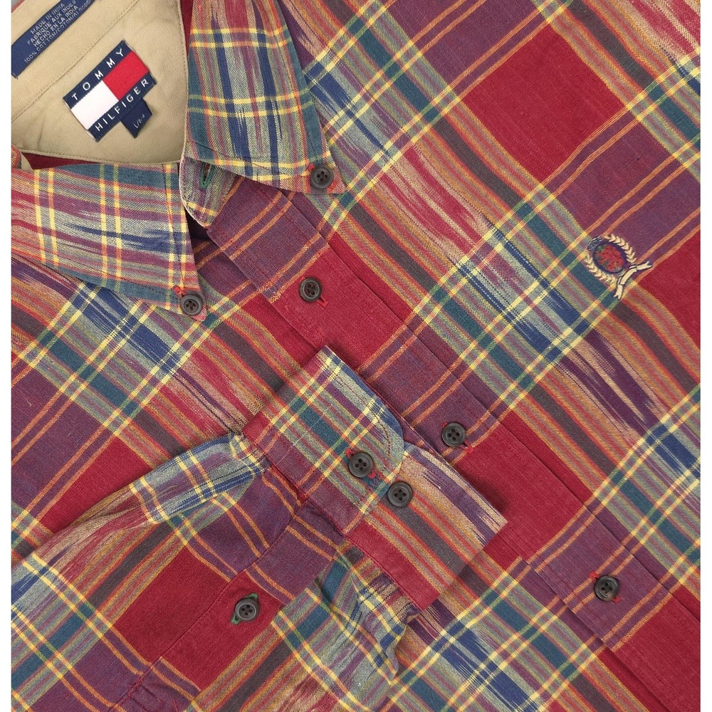 Vintage Tommy Hilfiger Shirt Mens Large Red Plaid Crest Logo Button Down 90s Y2K